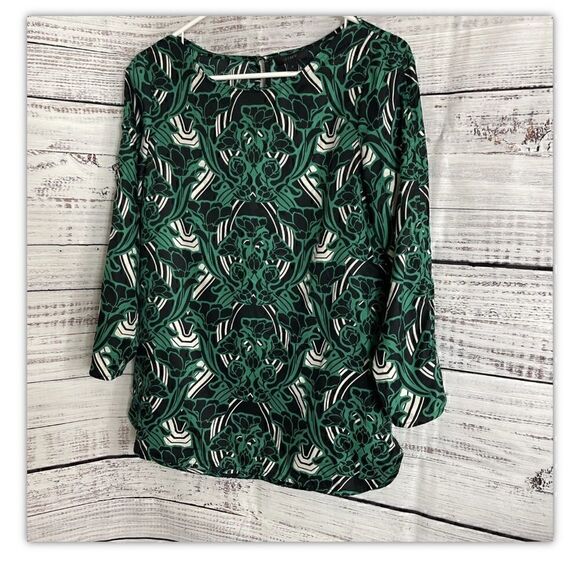 J.Crew Top Womens Size 0 Blouse Green 3/4 Sleeve Retro Floral Popover Round Neck - Picture 4 of 12
